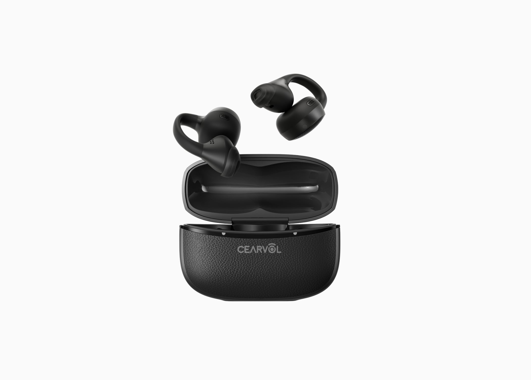 Cearvol Liberte集音器を黒い充電ケースへ収納する製品イメージ