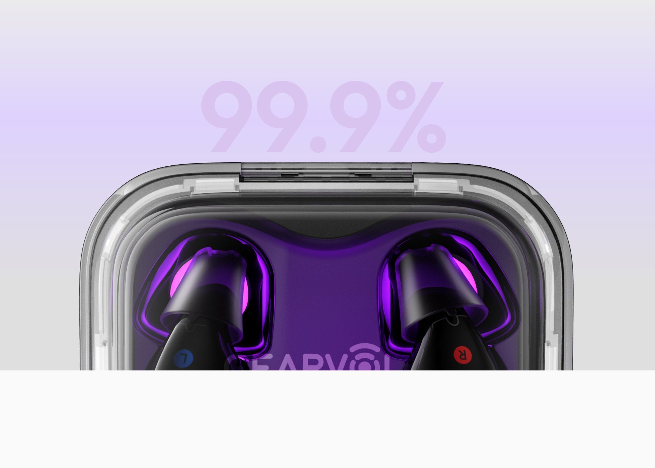 Cearvol(セアボル)Nano充電ケースのUV除菌機能を示す99.9パーセント除菌イメージ画像