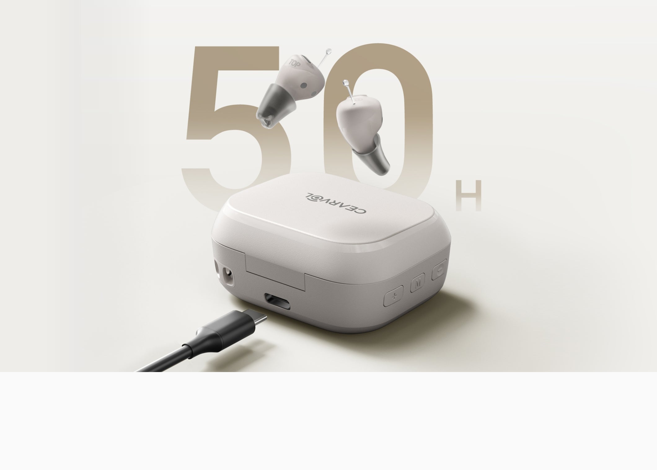 Cearvol(セアボル)Nanoホワイトの充電ケースと50時間使用を示すバッテリー説明画像