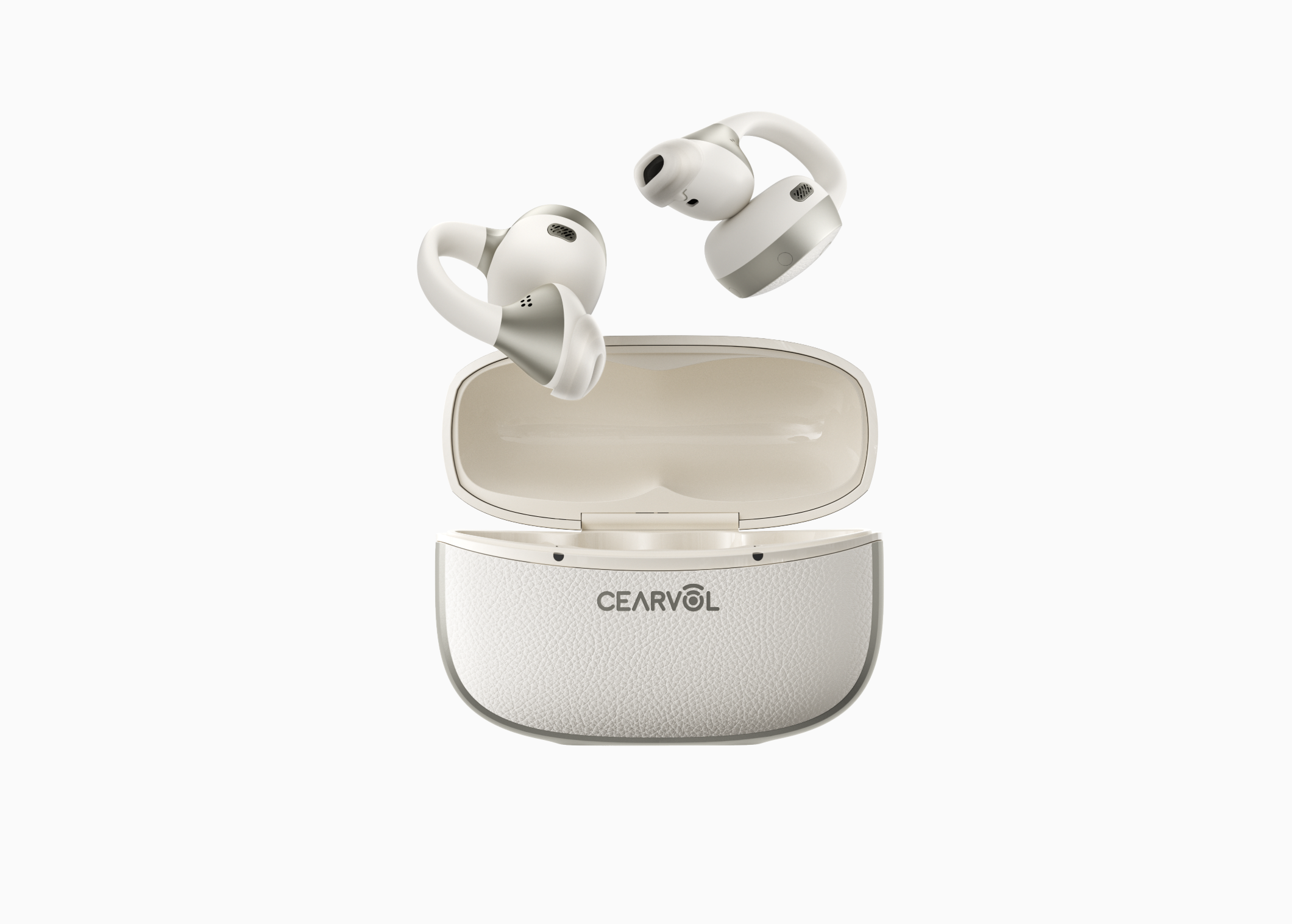 Cearvol集音器を白い充電ケースから取り出す製品イメージ
