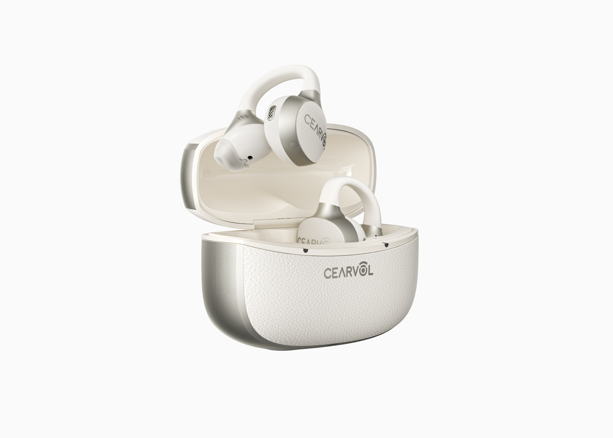 Cearvol集音器を白い充電ケースへ収納する製品イメージ