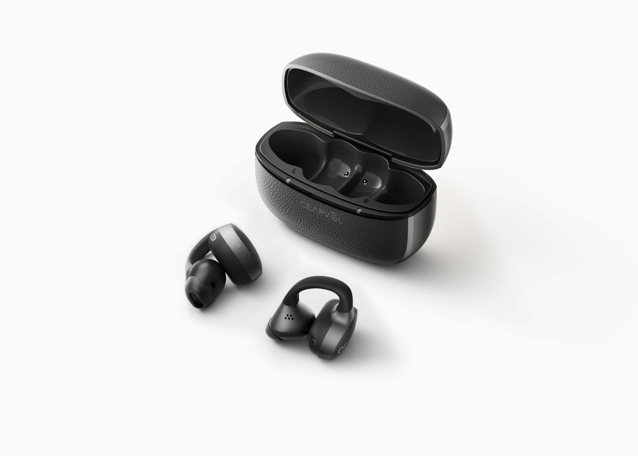 Cearvol Liberte集音器と黒い充電ケースを開いた製品写真