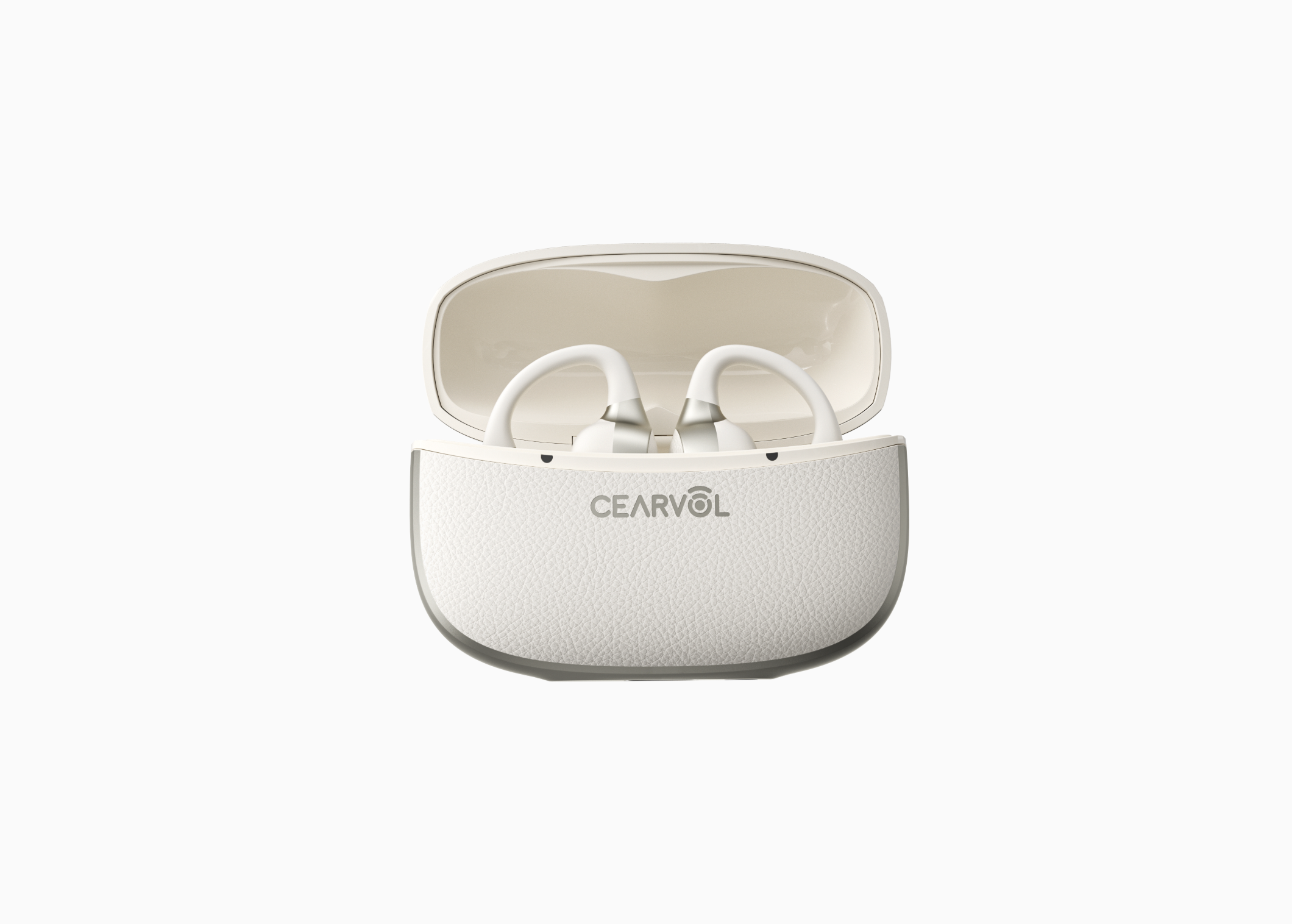 Cearvol集音器と白い充電ケースを開いた正面写真